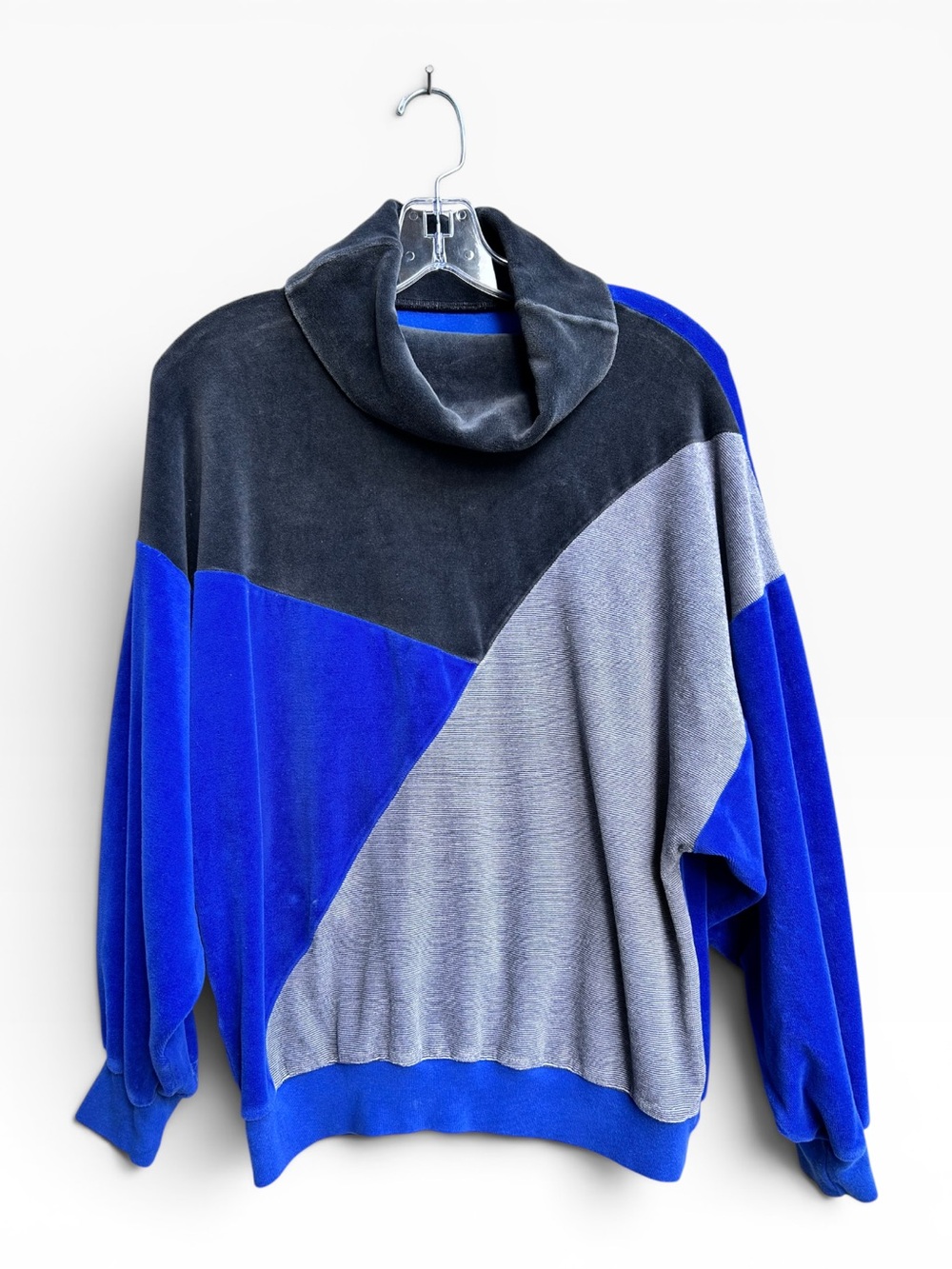 Vintage Colorblock Velour Pullover Cowl Neck 80s 90s Retro Size Large